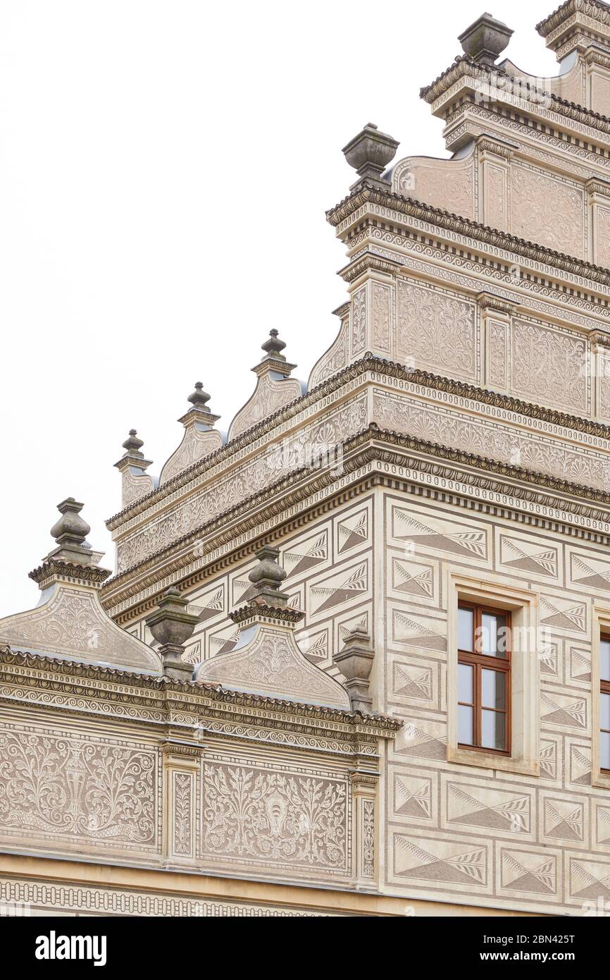 Particolare di intonaco e decorazione in graffito. Palazzo Schwarzenberg , Palazzo Lobkowicz, Praga, Repubblica Ceca. Architetto: Agostino Galli, 1567. Foto Stock