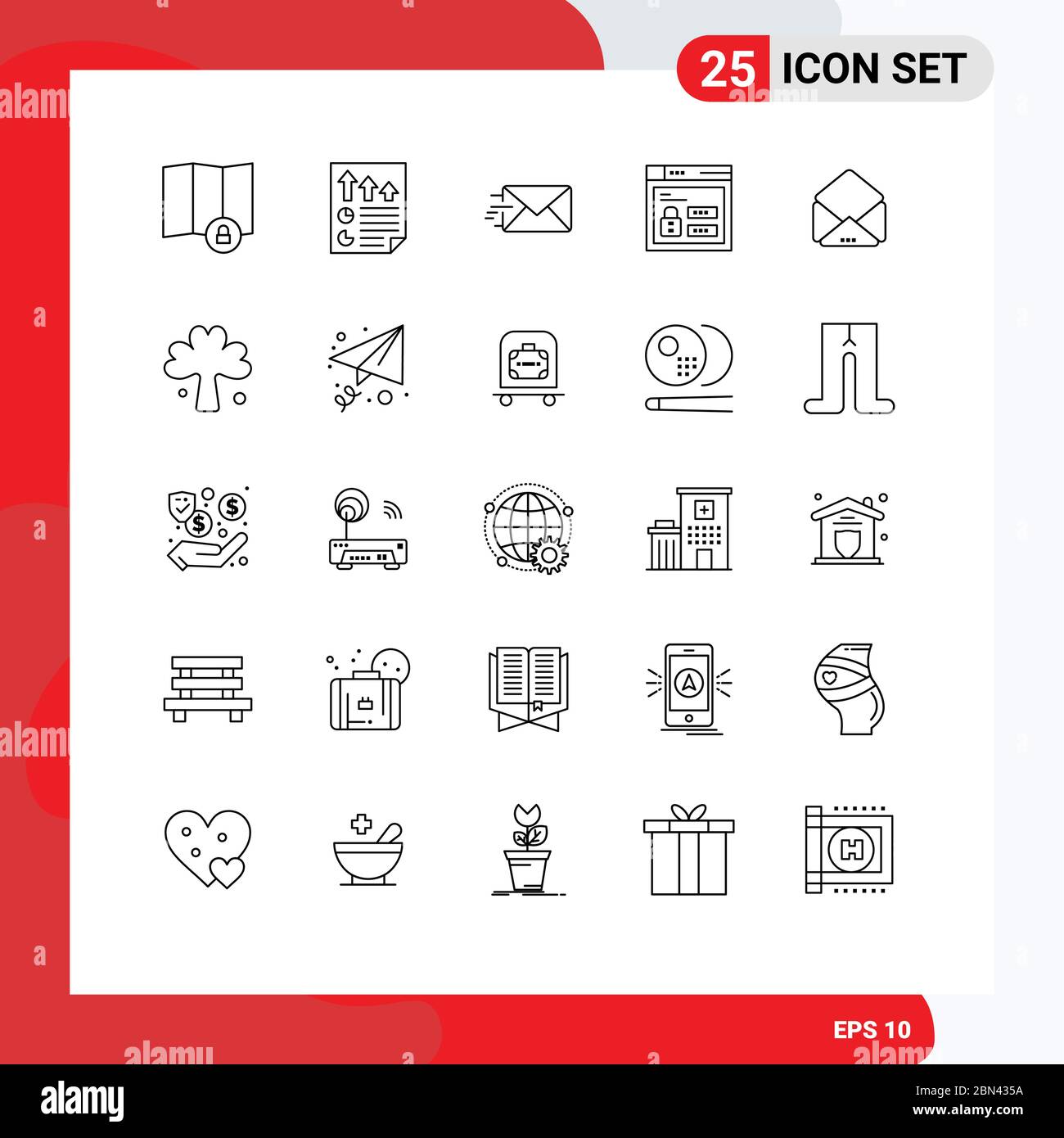 Set moderno di 25 righe e simboli, come elementi di design vettoriale modificabili sul Web, messaggi, e-mail, codice e contenuti aperti Illustrazione Vettoriale