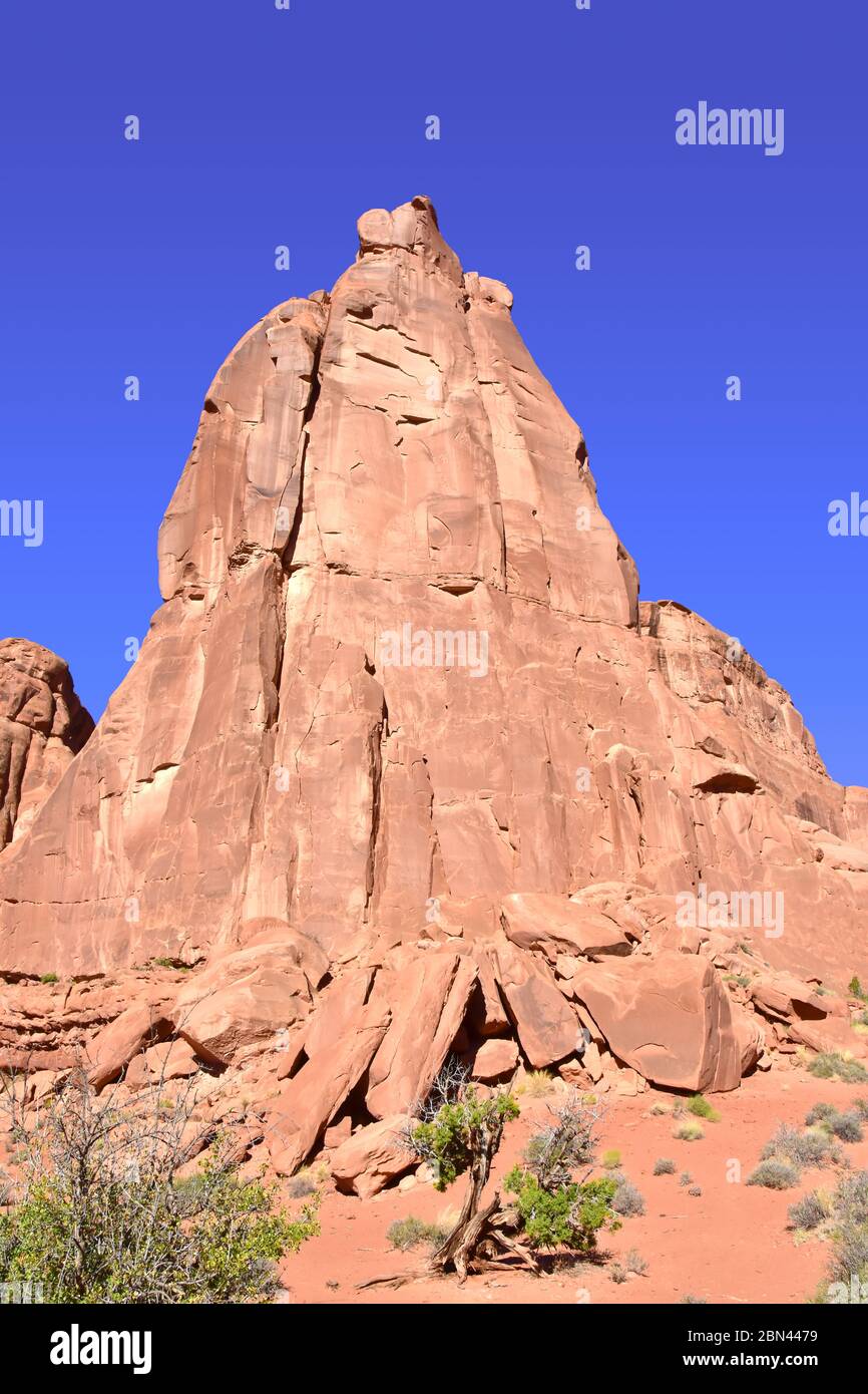 Bellissima formazione di roccia rossa e cielo blu nel Parco Nazionale Arches. Questa formazione si chiama Park Avenue e ha un sentiero escursionistico attraverso le rocce rosse. Foto Stock