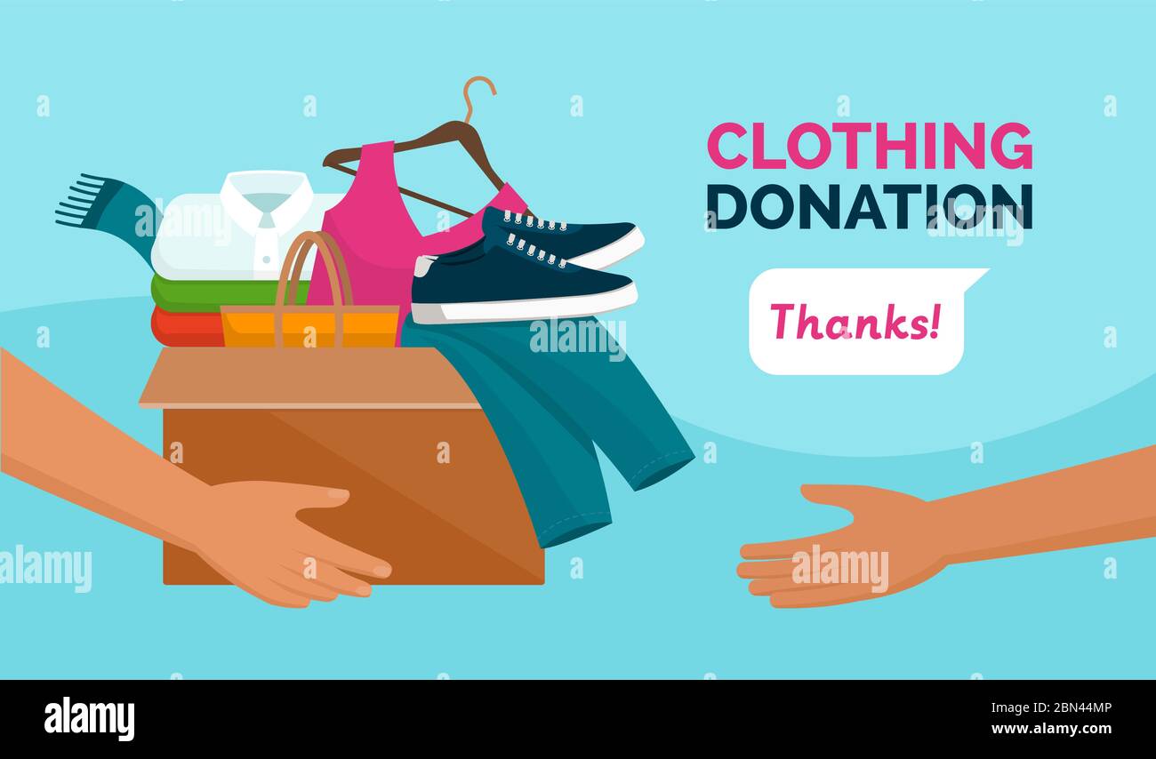 Volontario che tiene una scatola di donazione con vestiti, consapevolezza e concetto di carità Illustrazione Vettoriale
