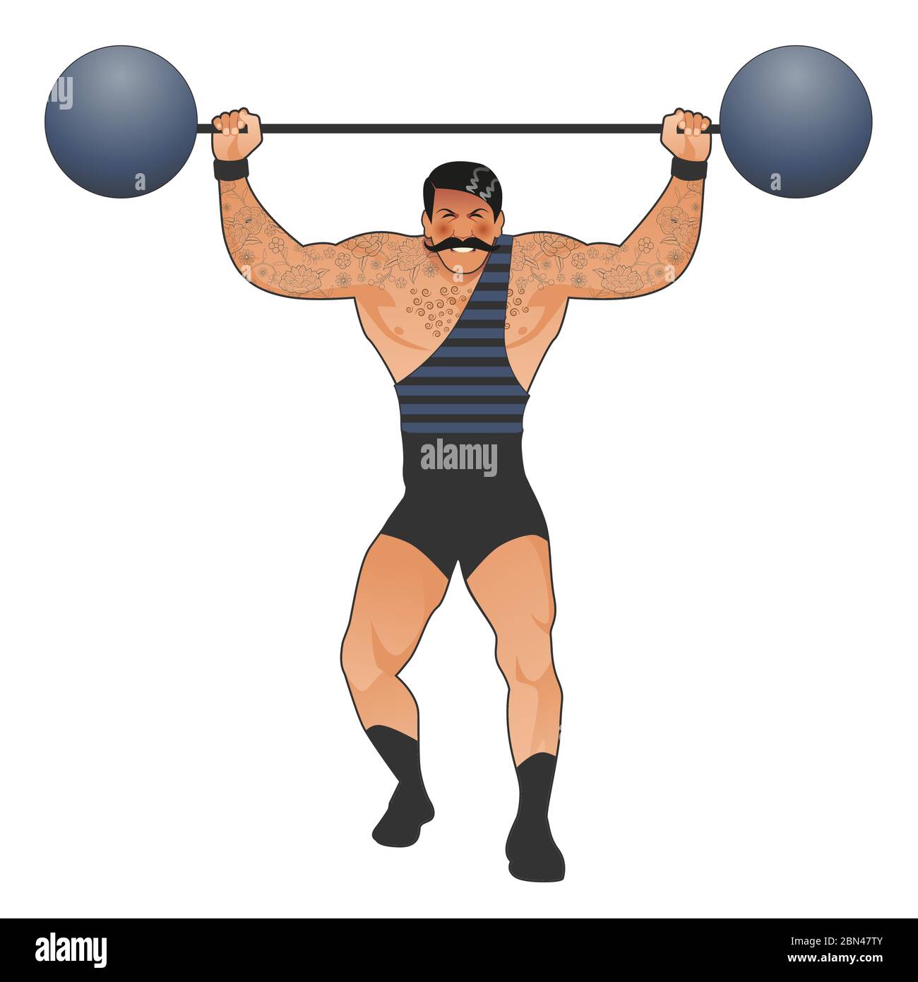 Forte tatuato e mustachioato vestito in vecchio modo, sollevamento pesi, isolato su sfondo bianco Illustrazione Vettoriale