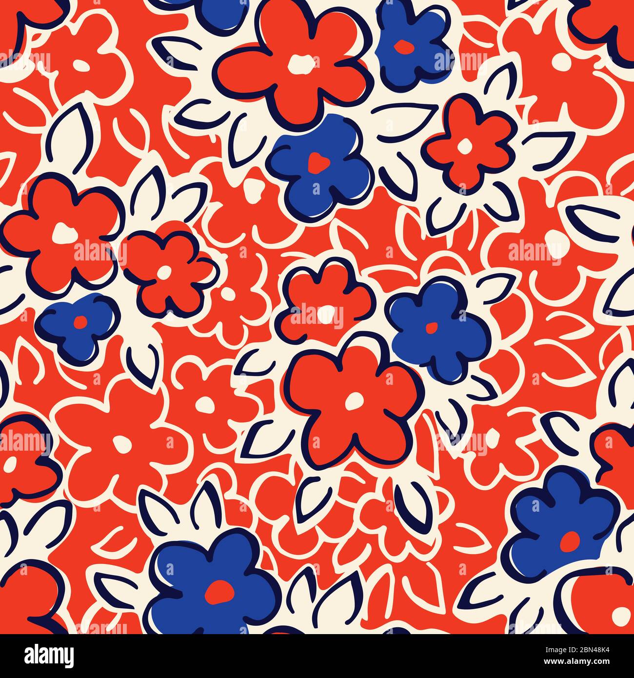 Disegno artistico Naive Daiy Flowers contorni su sfondo rosso vettore senza cuciture modello Illustrazione Vettoriale