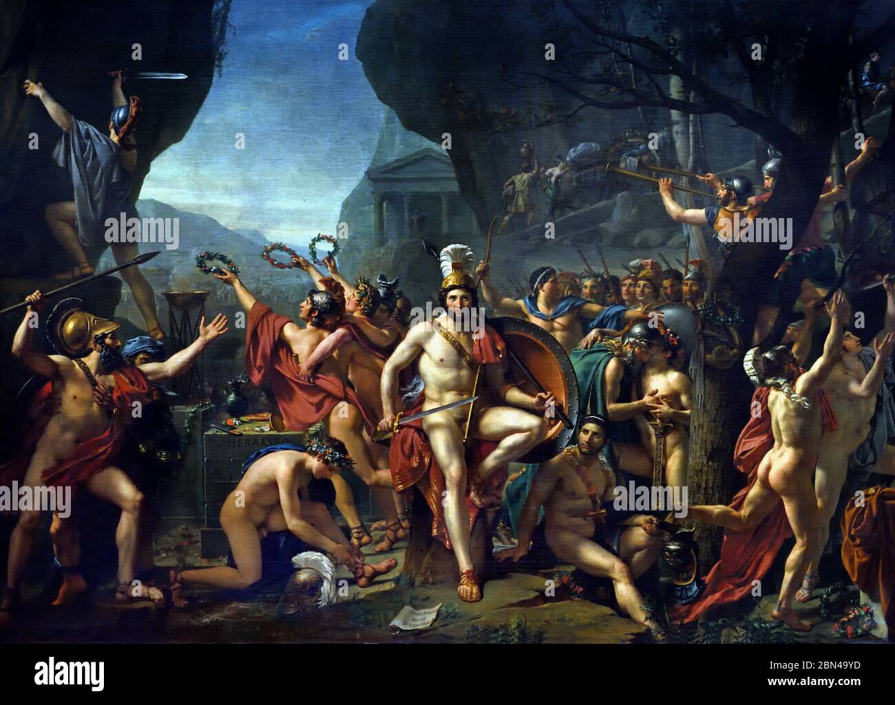 Sig. Jacques-Louis David, a Thermopylae, 1814, Francia, Leonidas era il re spartano che notoriamente guidò una piccola banda di alleati greci nella battaglia di Thermopylae nel 480 a.C. dove i greci difesero valorosamente il passo attraverso il quale il re persiano Xerxes cercava di invadere la Grecia con il suo massiccio esercito. Foto Stock