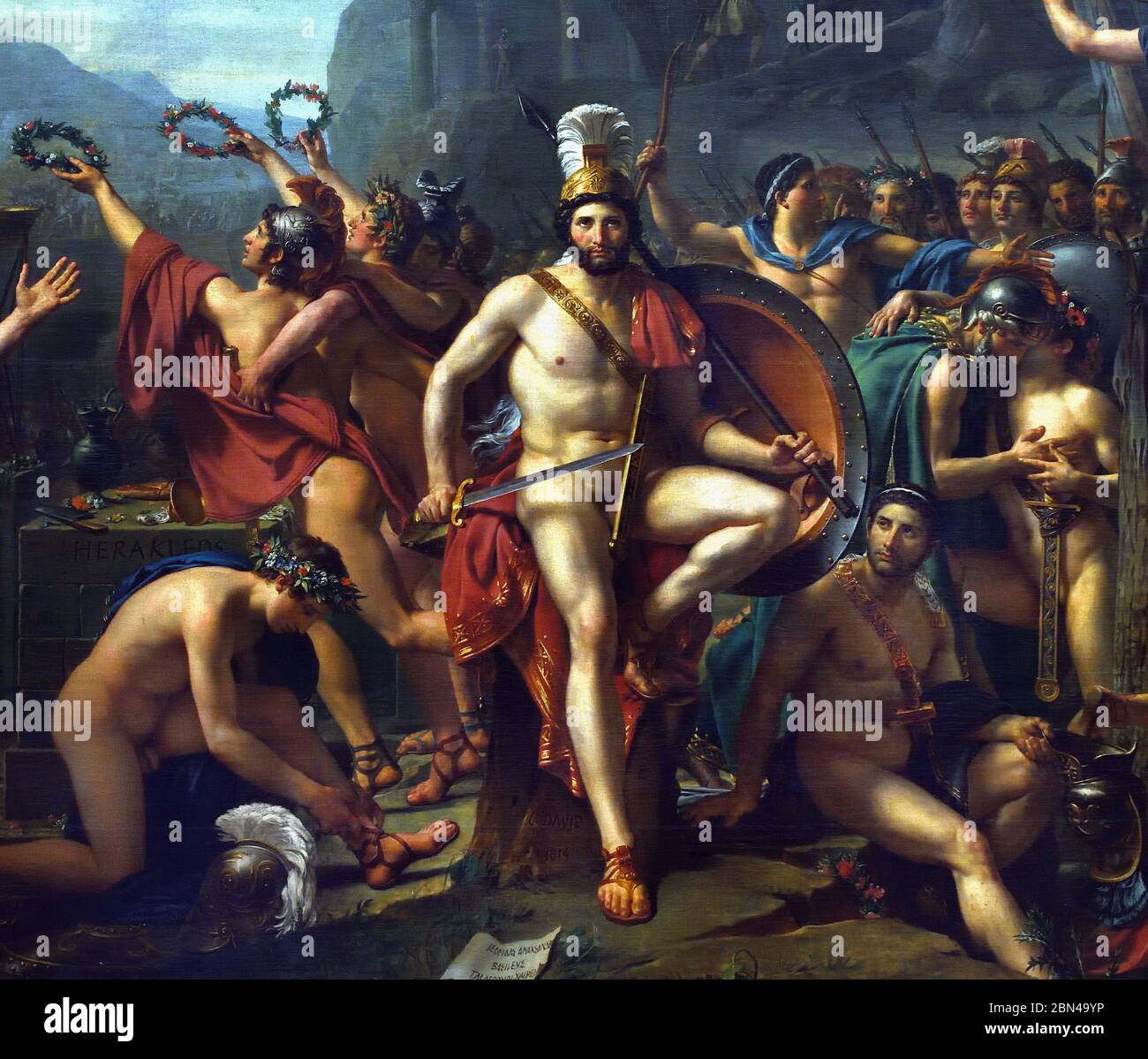Sig. Jacques-Louis David, a Thermopylae, 1814, Francia, Leonidas era il re spartano che notoriamente guidò una piccola banda di alleati greci nella battaglia di Thermopylae nel 480 a.C. dove i greci difesero valorosamente il passo attraverso il quale il re persiano Xerxes cercava di invadere la Grecia con il suo massiccio esercito. Foto Stock