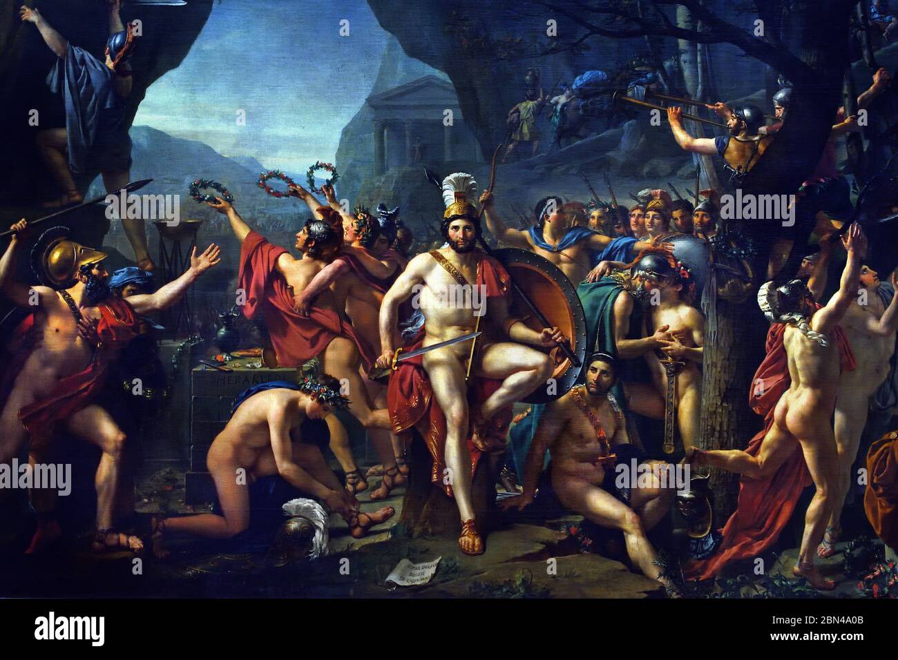 Sig. Jacques-Louis David, a Thermopylae, 1814, Francia, Leonidas era il re spartano che notoriamente guidò una piccola banda di alleati greci nella battaglia di Thermopylae nel 480 a.C. dove i greci difesero valorosamente il passo attraverso il quale il re persiano Xerxes cercava di invadere la Grecia con il suo massiccio esercito. Foto Stock