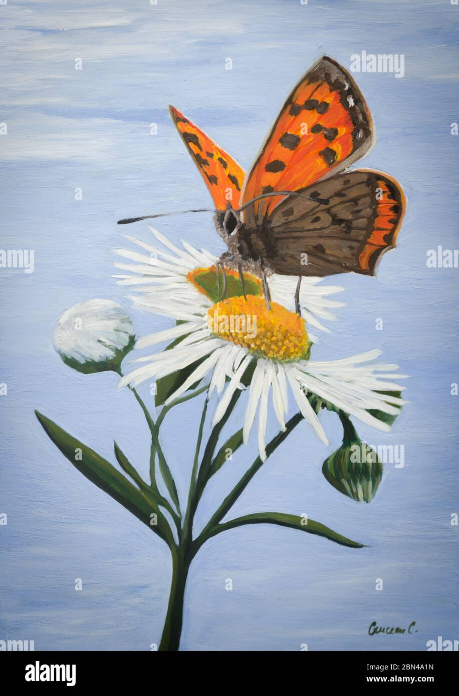 Farfalla su un dipinto di fiori Foto stock - Alamy