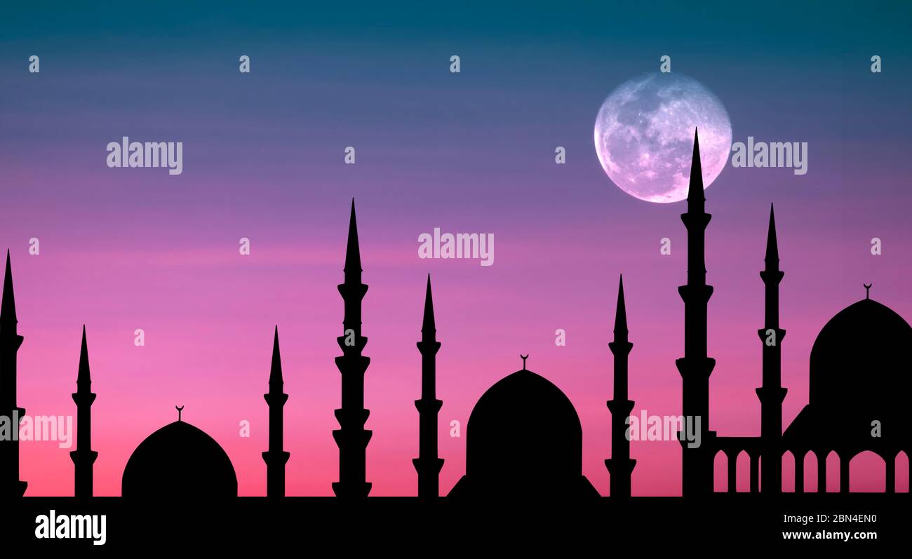 Moschea Silhouette.Moschea con Luna.sera aspetto Moschea. Foto Stock