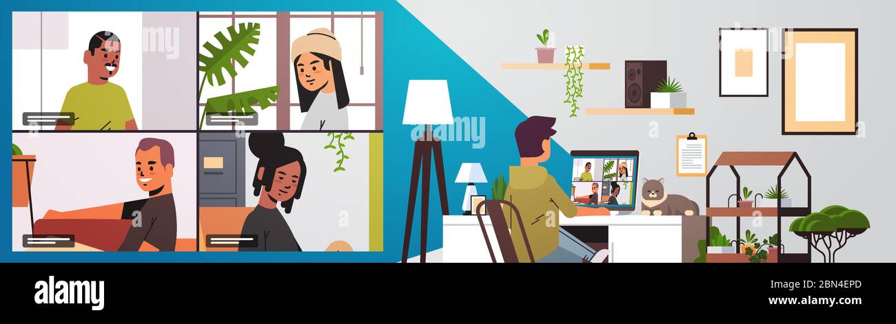 uomo incontro con amici di gara mix durante la videochiamata coronavirus pandemico quarantena concetto persone che hanno divertimento virtuale live conferenza soggiorno interno orizzontale illustrazione vettoriale Illustrazione Vettoriale