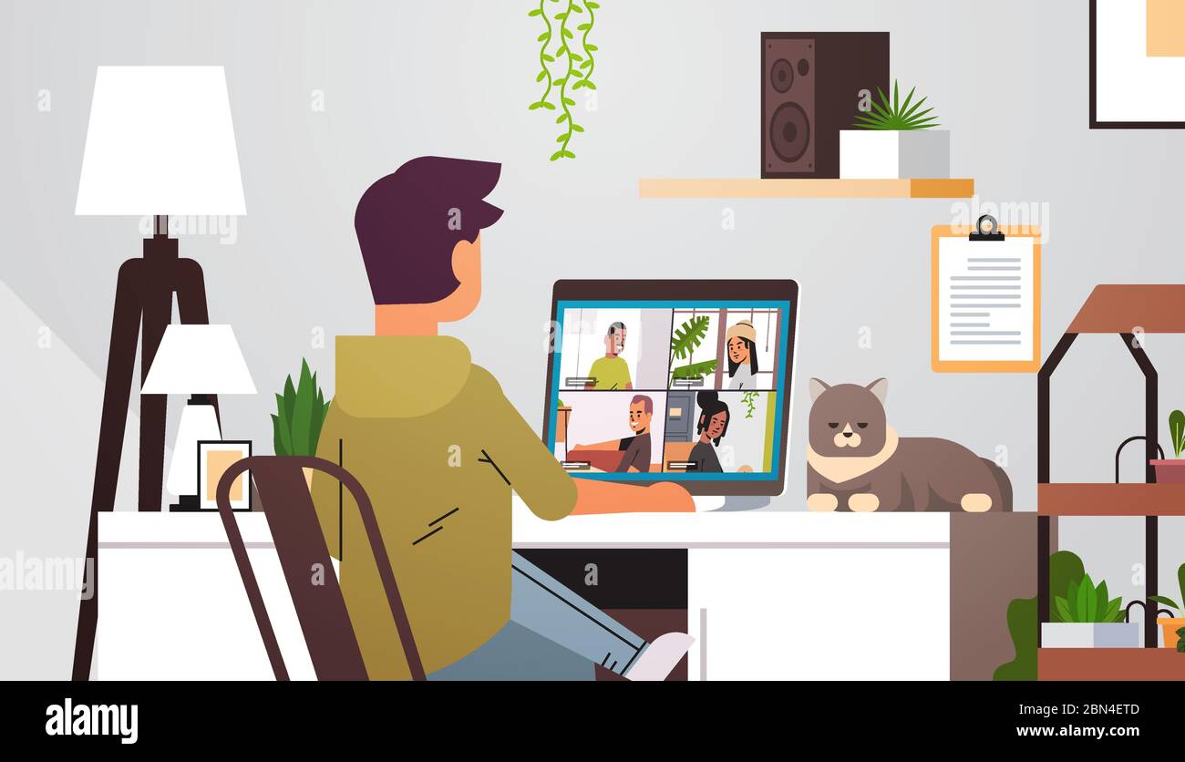 uomo che incontra con amici di gara mix durante la videochiamata coronavirus quarantena concetto persone che hanno divertimento virtuale live conferenza soggiorno interno orizzontale ritratto illustrazione vettoriale Illustrazione Vettoriale