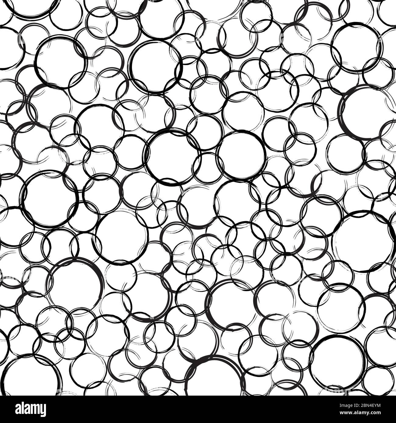 Disegno senza giunture astratto delle bolle di grunge. Cerchi neri di diverse dimensioni su sfondo bianco. Struttura di avvolgimento con impronte circolari disposte in modo casuale. Illustrazione Vettoriale