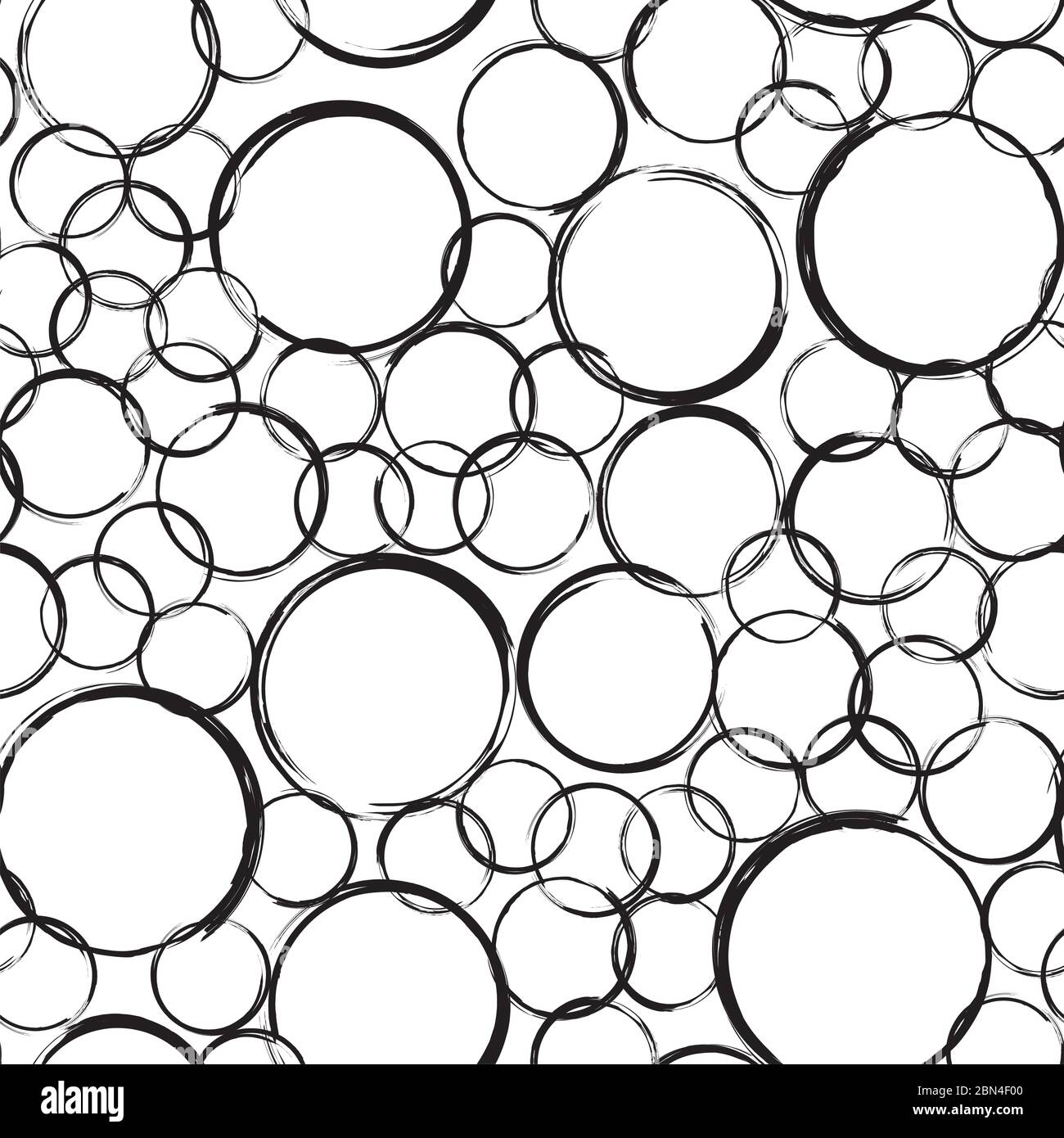 Disegno senza giunture astratto delle bolle di grunge. Cerchi neri di diverse dimensioni su sfondo bianco. Struttura di avvolgimento con impronte circolari disposte in modo casuale. Illustrazione Vettoriale