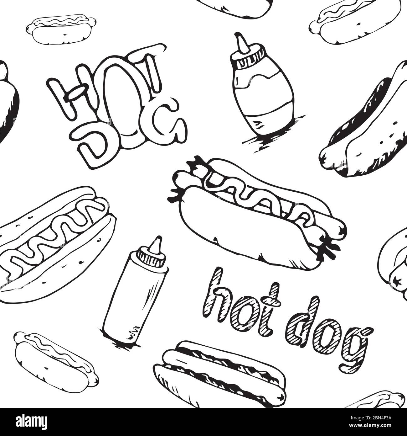 Disegnata a mano hot dogs seamless pattern. Il fast food dello sfondo. Seamless texture da schizzi di hotdog con salsa maionese e verdure. EPS8 vect Illustrazione Vettoriale