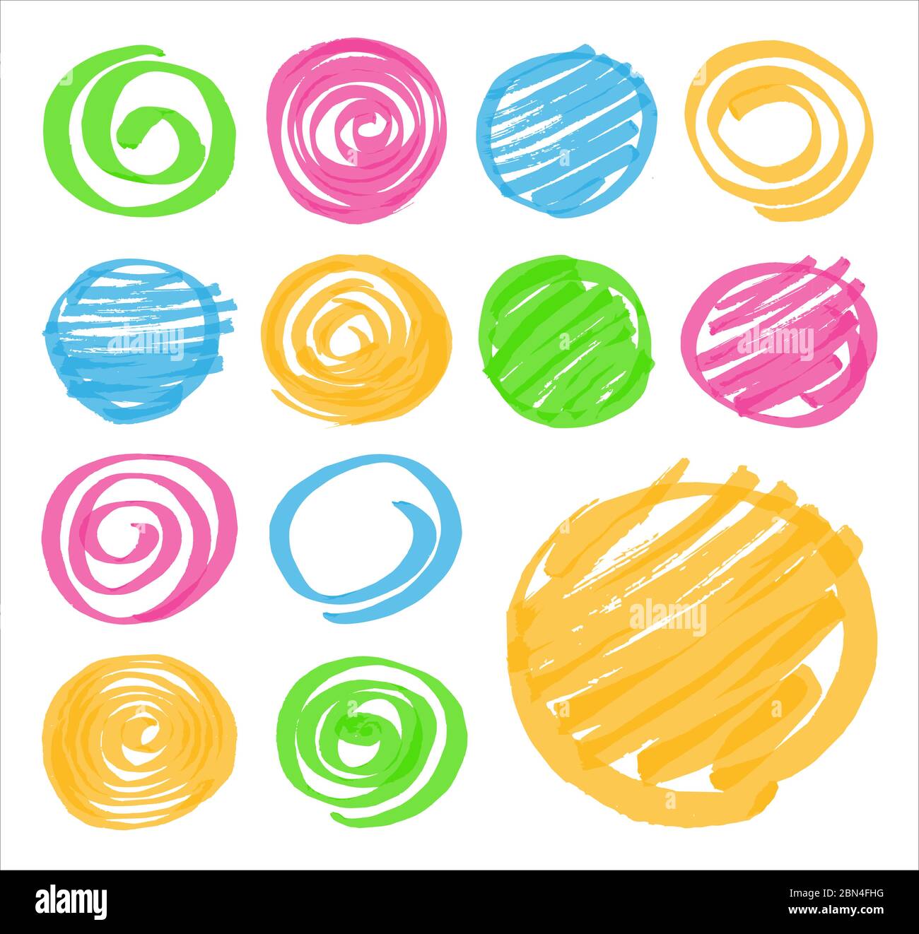 Evidenziatore elementi di design disegnati a mano. Set di evidenziatori cerchiati e spirali in colori diversi. Ottimizzato per un cambio di colore con un solo clic Illustrazione Vettoriale