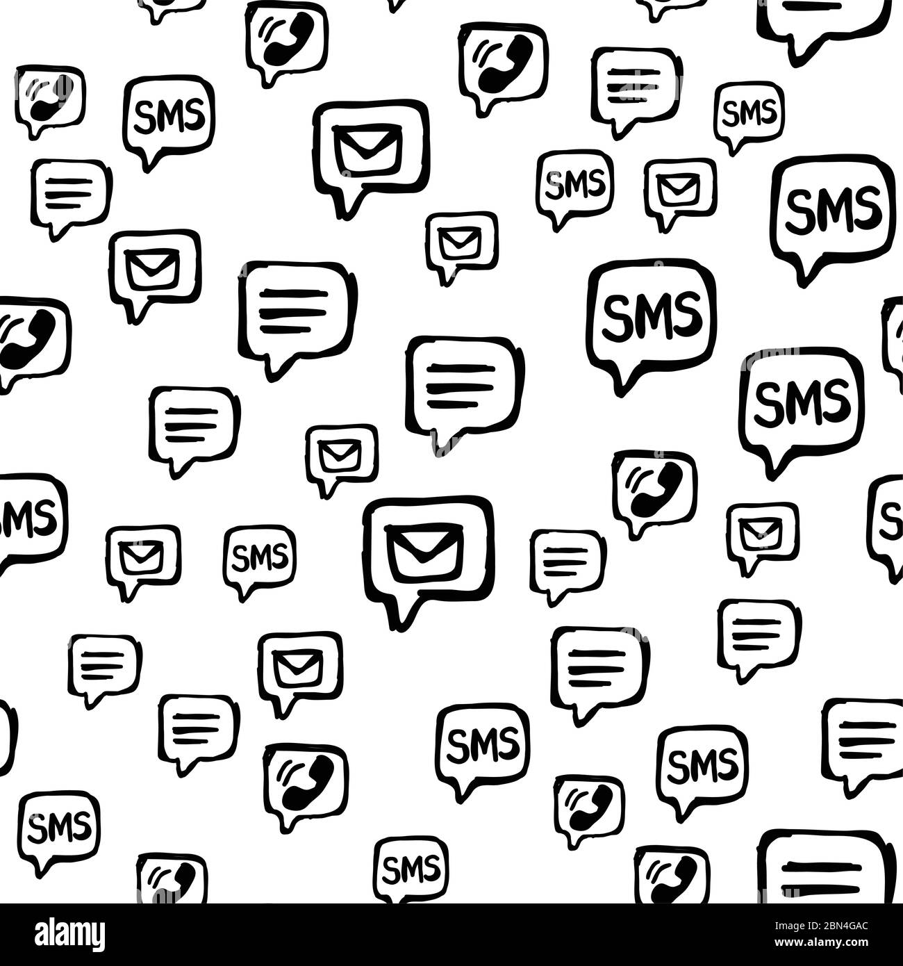 Cellulare, SMS e email comunicazioni modello senza soluzione di continuità. Icone di interazione disegnate a mano disposte casualmente su sfondo bianco. Avvolgimento o ripetizione del nastro Illustrazione Vettoriale