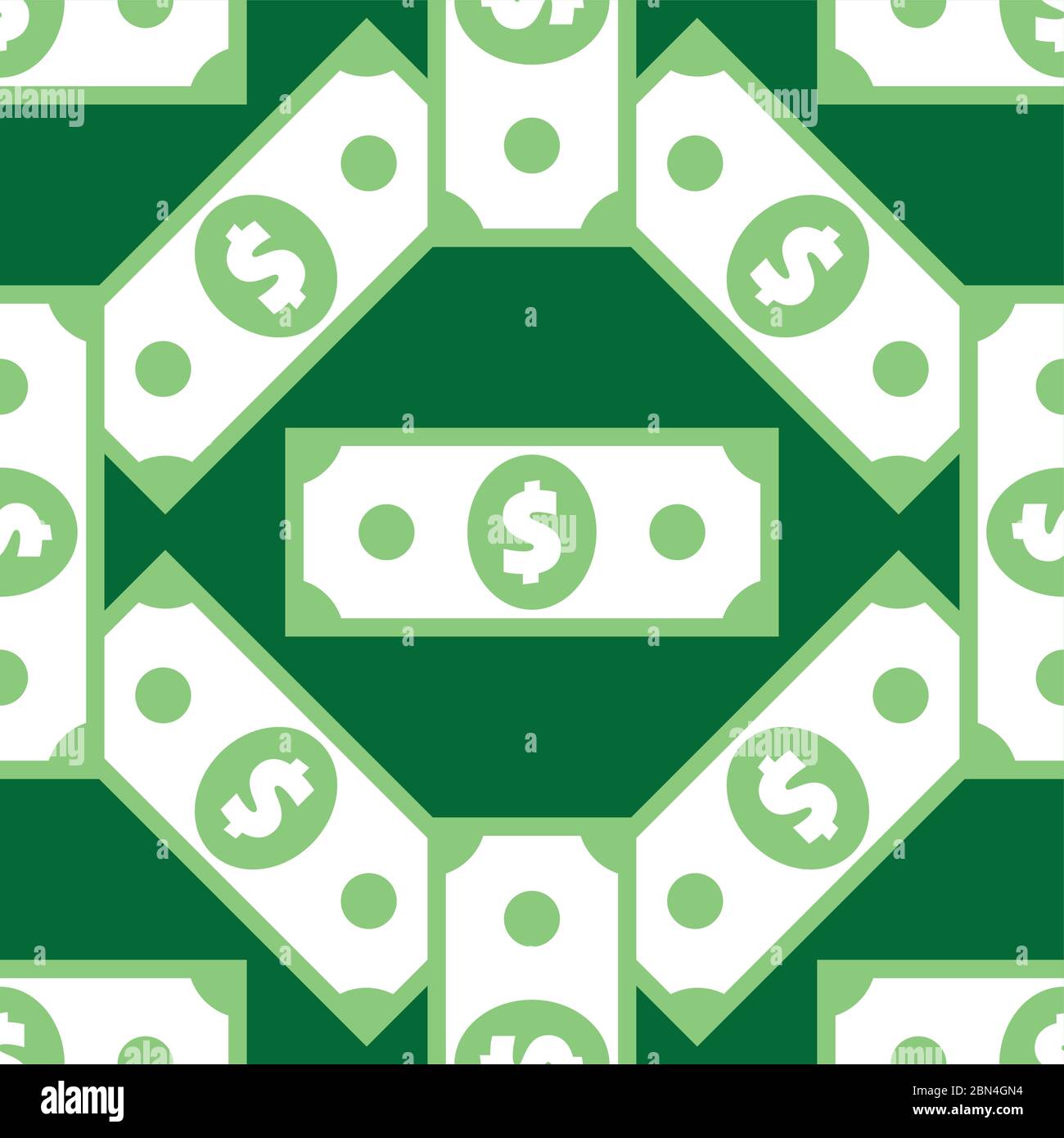 Modello senza giunture per banconote in dollari. American bucks struttura astratta. Sfondo a capo con simboli di valuta USA ricorrenti in verde. Stilizzazione verde Illustrazione Vettoriale