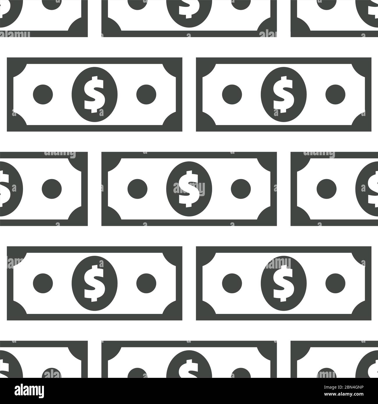 Modello senza giunture per banconote in dollari. Sfondo a capo con simboli di valuta USA ricorrenti su bianco. American bucks struttura astratta. Stilizzazione verde Illustrazione Vettoriale