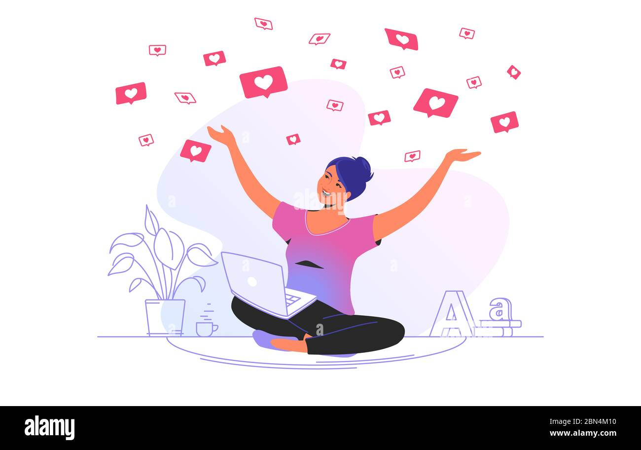 I social media amano e i cuori cadono sulla donna Illustrazione Vettoriale