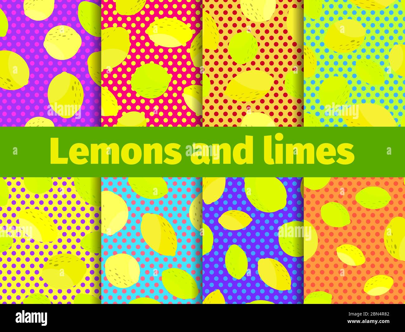 Set di limoni con motivo senza cuciture. Limoni gialli e verdi e calce su sfondo in stile pop art. Sfondo per brochure, materiale promozionale e wallpa Illustrazione Vettoriale