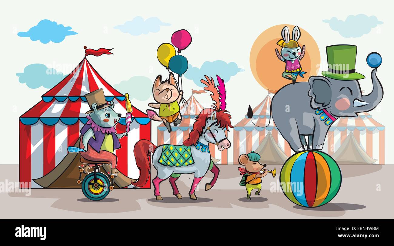 Animali carini mostra nel concetto circo con palla, bicicletta, musica e talento, sfondo tramonto Illustrazione Vettoriale