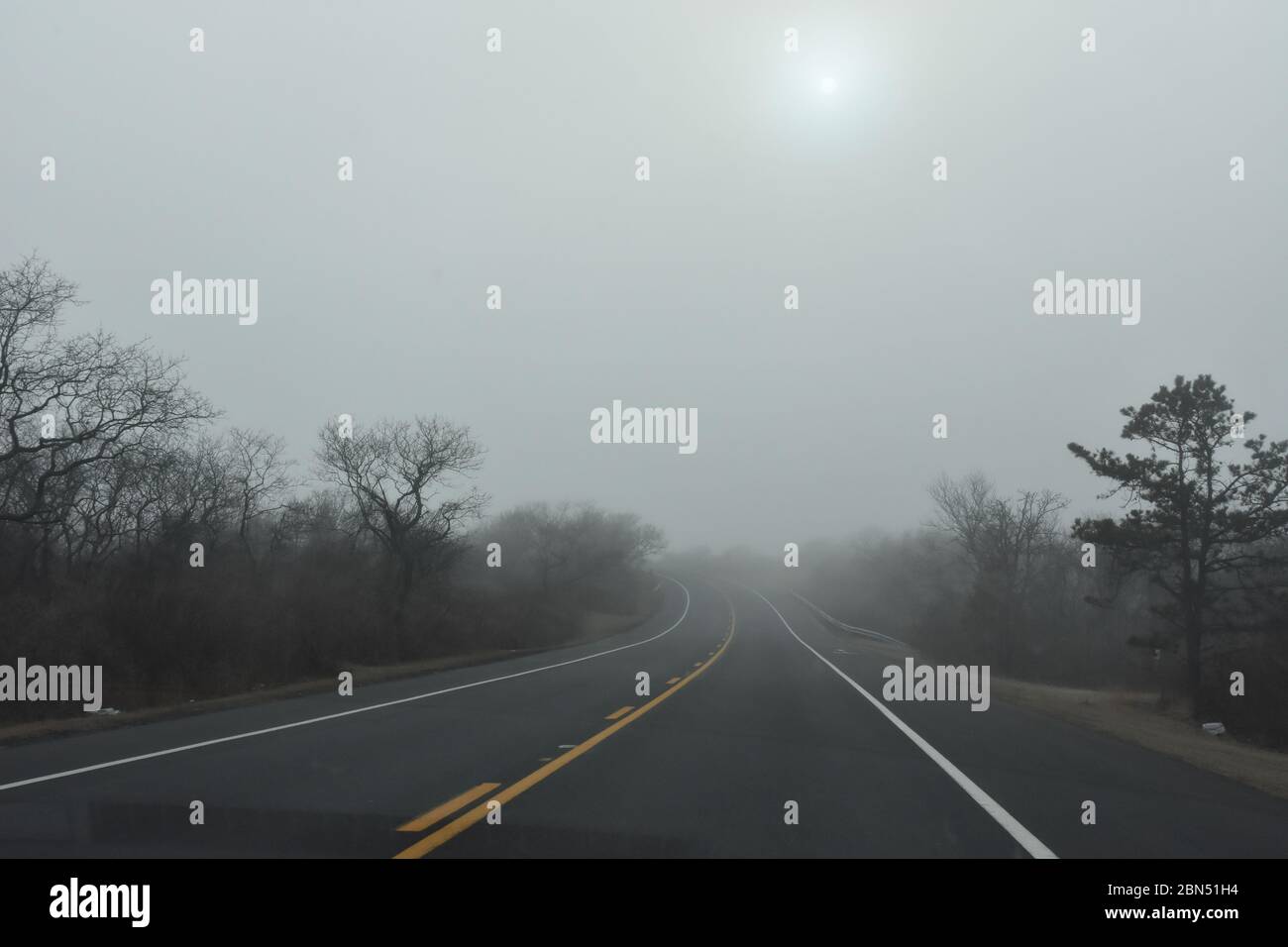 guida su una strada asfaltata curvilinea verso un punto nebbioso, il sole cercando di brillare attraverso la fitta nebbia. Foto Stock