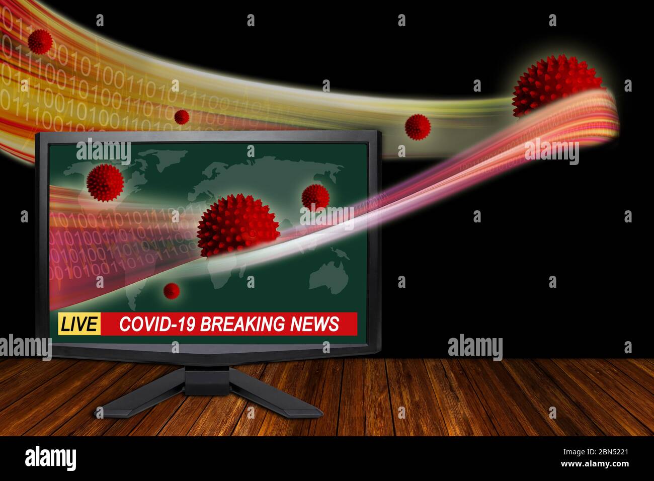 Covid-19 il concetto di notizie di rottura del coronavirus con il monitor TV che mostra un'onda di flusso di dati di informazione che scorre fuori dallo schermo con spazio di copia. Foto Stock