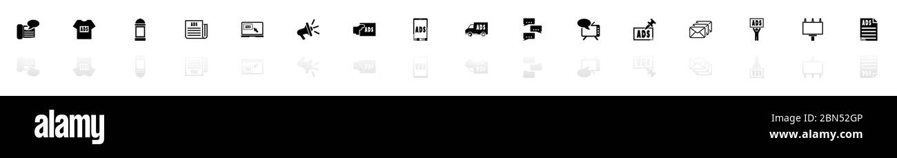 Icone pubblicitarie - simbolo nero orizzontale illustrazione su sfondo bianco con riflesso speculare dell'ombra. Icona vettore piatto. Illustrazione Vettoriale