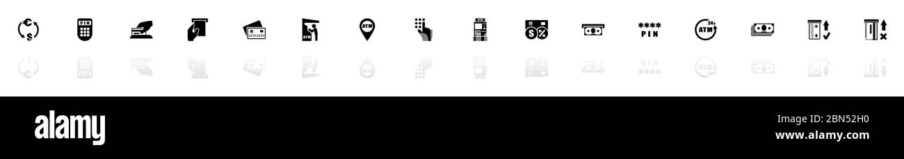 Icone ATM - simbolo nero orizzontale raffigurazione su sfondo bianco con riflesso speculare dell'ombra. Icona vettore piatto. Illustrazione Vettoriale