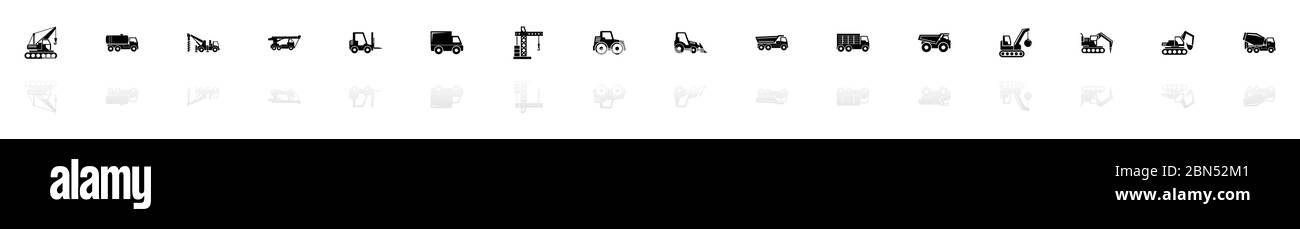 Icone dei veicoli da costruzione - simbolo nero orizzontale raffigurazione su sfondo bianco con specchio riflesso ombra. Icona vettore piatto. Illustrazione Vettoriale