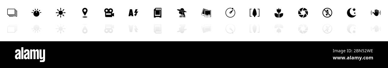 Icone modalità Foto - simbolo di illustrazione orizzontale nero su sfondo bianco con riflesso ombra speculare. Icona vettore piatto. Illustrazione Vettoriale