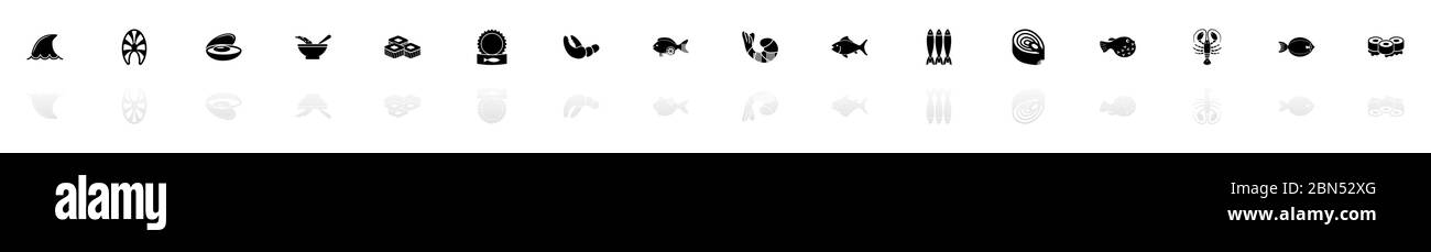 Icone di Sea Food - simbolo di illustrazione orizzontale nero su sfondo bianco con uno specchio riflesso ombra. Icona vettore piatto. Illustrazione Vettoriale