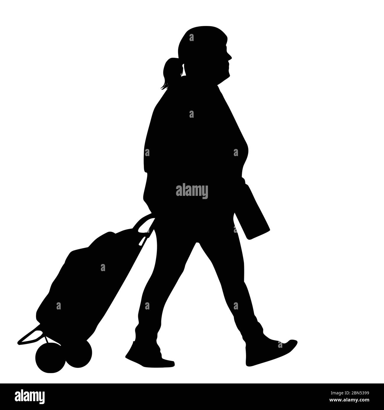 Silhouette donna con valigia su sfondo bianco, illustrazione vettoriale Illustrazione Vettoriale