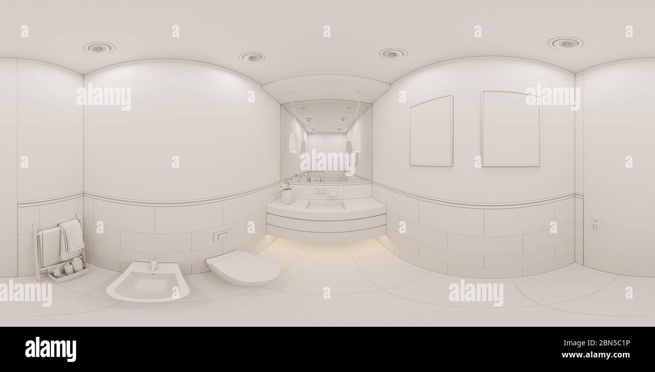 Rendering 3D sferico 360 gradi senza giunture panorama interno del bagno in un cottage privato. Illustrazione di design interno della toilette in stile tradizionale mo Foto Stock