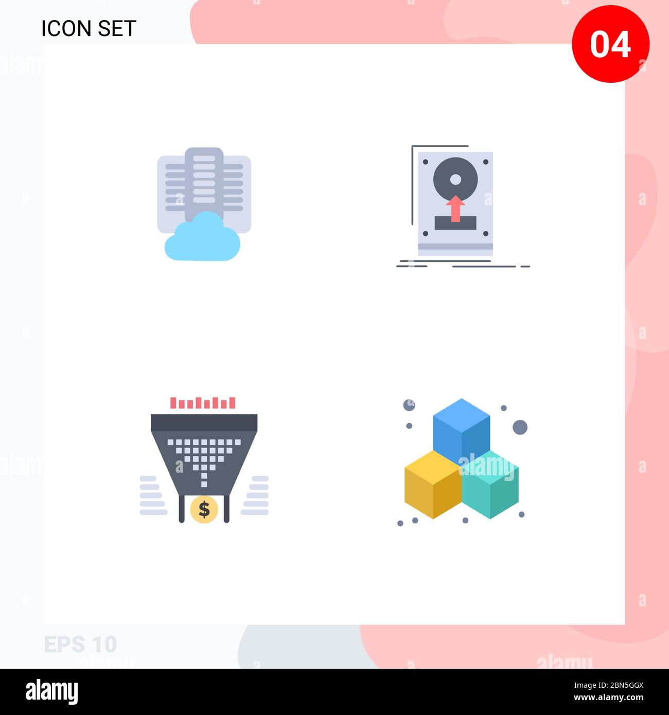 Set moderno di 4 icone piatte e simboli come cloud, filtro, server, hdd, elementi di progettazione vettoriale modificabili tramite imbuto Illustrazione Vettoriale
