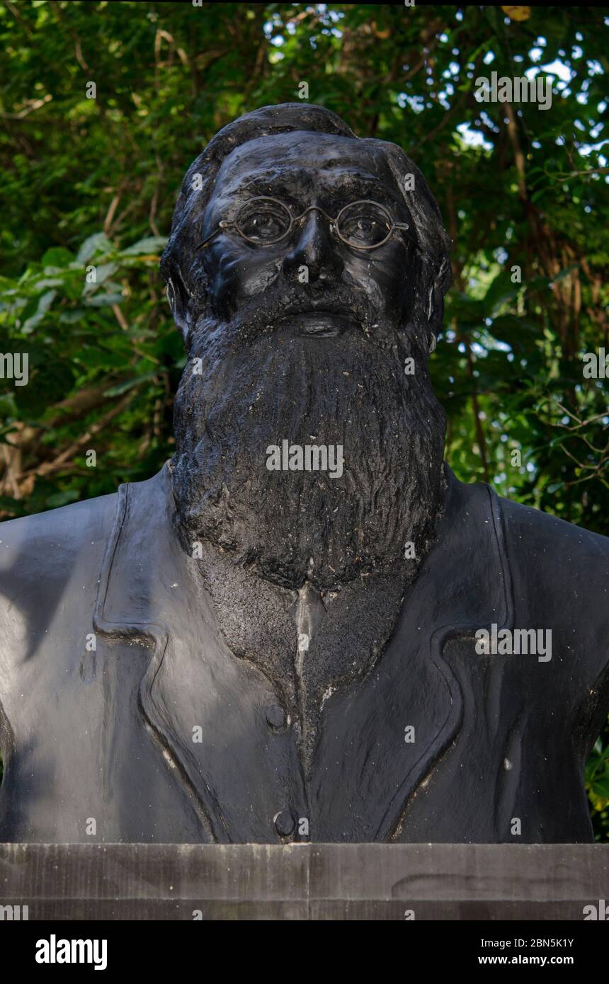 Statua del naturalista Alfred Wallace, Parco Nazionale di Tangkoko, Sulawesi, Indonesia Foto Stock