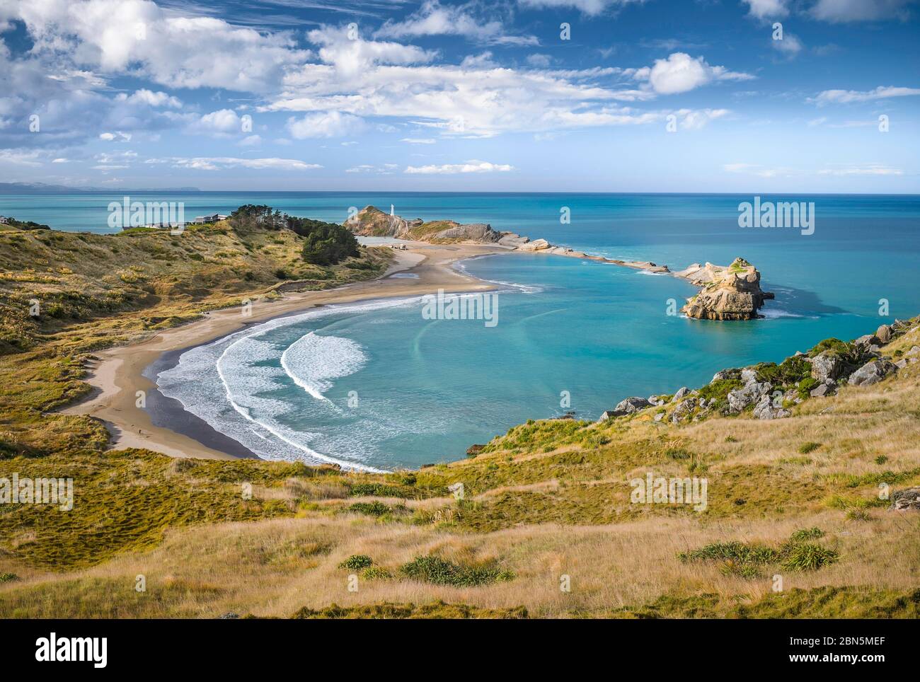 Spiaggia con mare turchese a Castlepoint Lighthouse, Masterton, Wellington, Isola del Nord, Nuova Zelanda Foto Stock