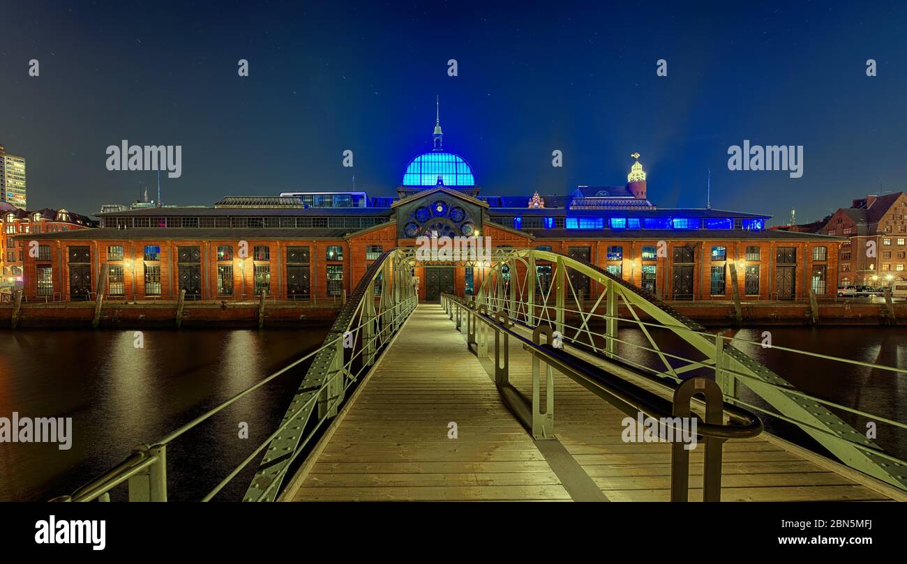 Ponte sull'Elba, centro eventi, ex sala d'aste di pesce, illuminato, tiro notturno, Altona, Amburgo, Germania Foto Stock