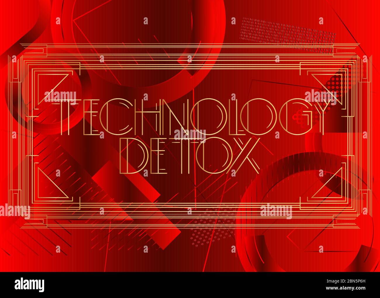 Art Deco Technology Detox testo. Biglietto di auguri decorativo, cartello con lettere d'epoca. Illustrazione Vettoriale