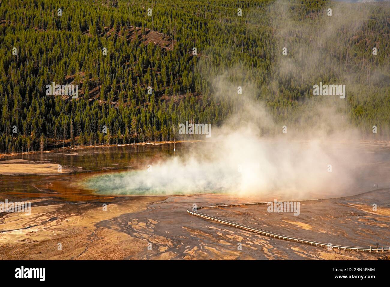 WY04284-00....WYOMING - vapore che sale dalla primavera prismatica Grand nel bacino del Geyser Midway del Parco Nazionale di Yellowstone. Foto Stock