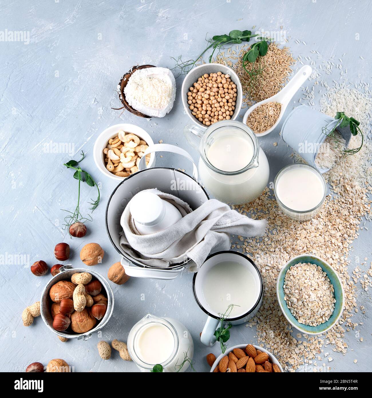 Vari ingredienti e latte a base di piante vegane. Bevanda sostitutiva latte libero. Dieta vegana e vegetariana sana. Vista dall'alto con spazio per le copie Foto Stock