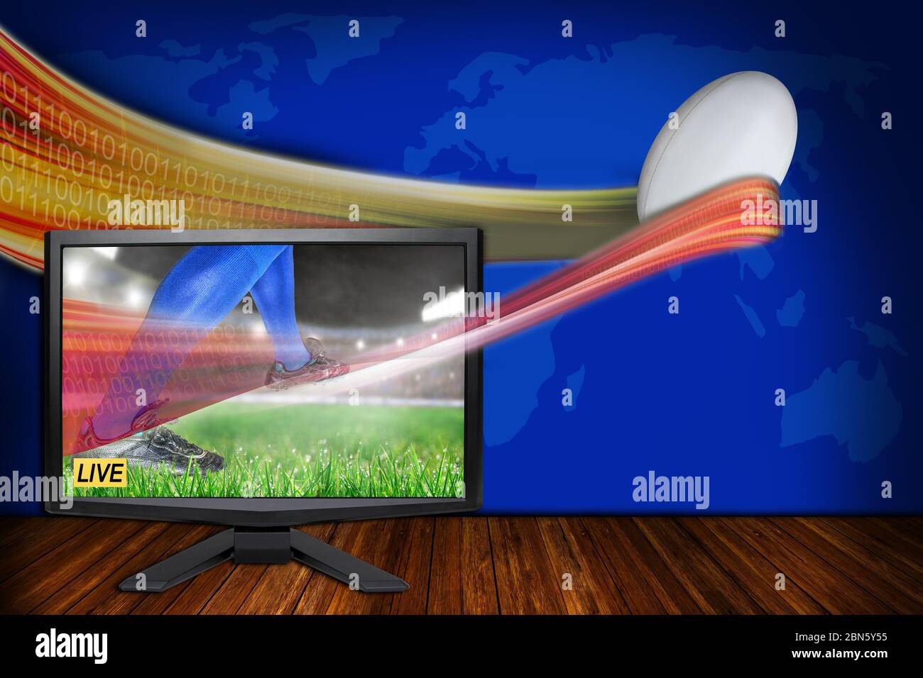 Rugby sport Live Concept con monitor TV che illustra la più recente tecnologia di streaming VR e la realistica sfera HD in volo. Foto Stock