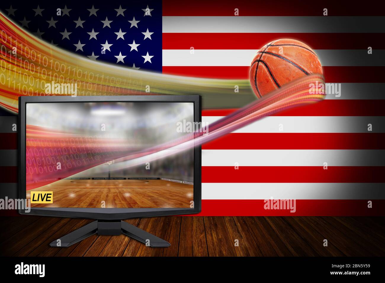 Sport di basket americani Live Concept con monitor TV che illustra la più recente tecnologia di streaming VR e realistico pallone HD in volo. Foto Stock