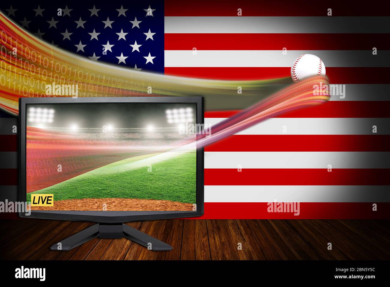 Sport di baseball americani Live Concept con monitor TV che illustra la più recente tecnologia di streaming VR e realistico HD ball in volo. Foto Stock