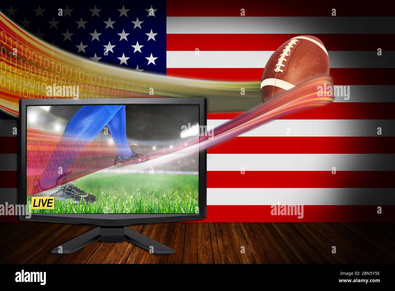 Sport di football americano Live Concept con monitor TV che mostra la più recente tecnologia di streaming VR e realistico palla HD in volo. Foto Stock