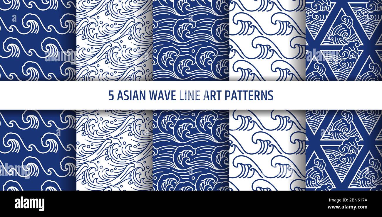 Set di pattern senza giunture vettoriali per onde marine asiatiche. Illustrazione Vettoriale