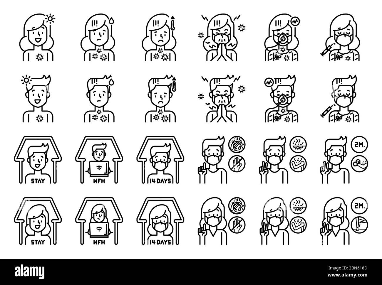 Uomo e donna con sintomi di Covid-19 e linea di assistenza sanitaria insieme di icone. Illustrazione Vettoriale
