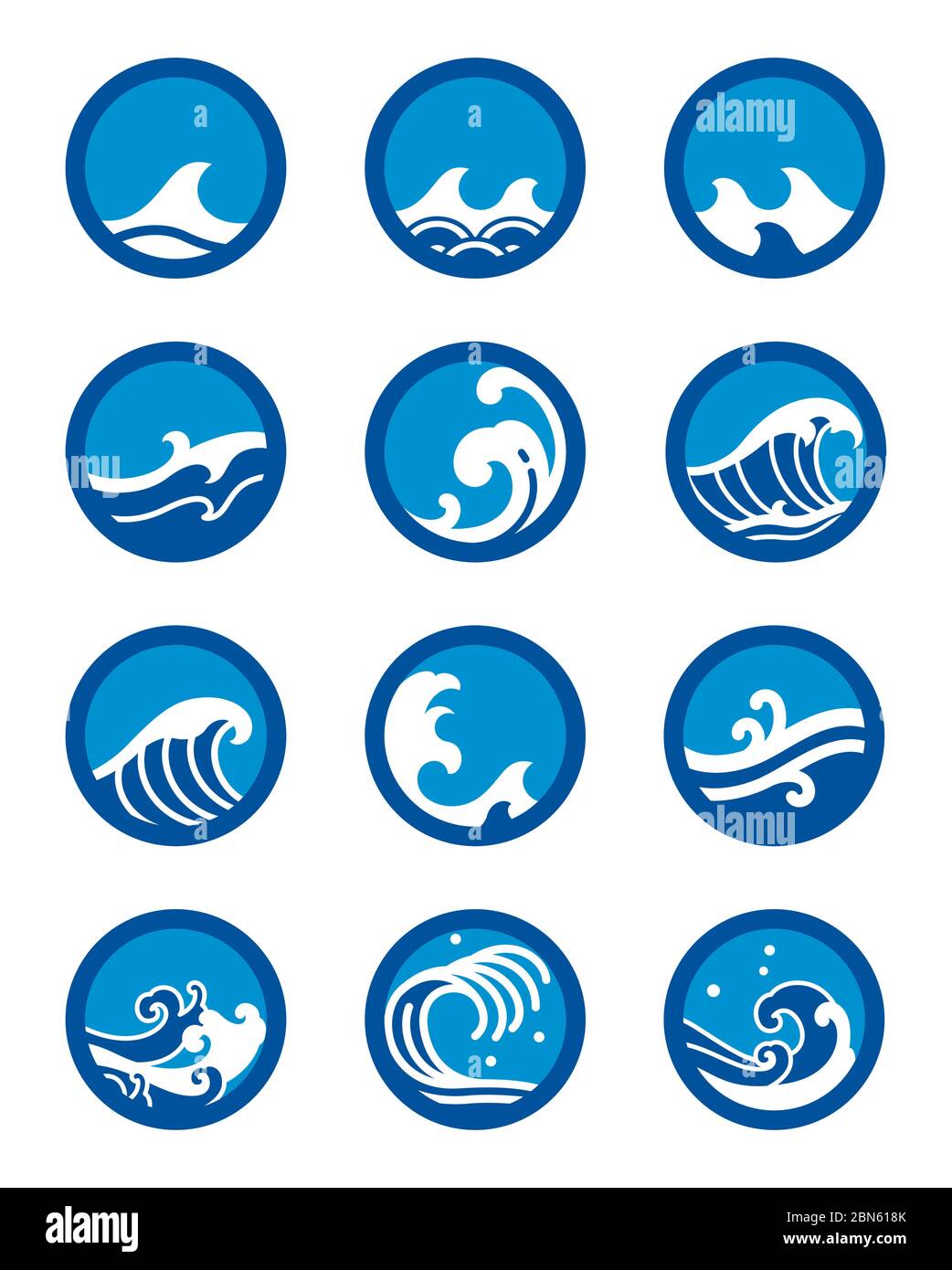 Set di icone Ocean Wave. Stile moderno e tradizionale delle onde marine per logo, sport di surf, tatuaggio. - vettore. Stile minimalista a forma di cerchio. Illustrazione Vettoriale