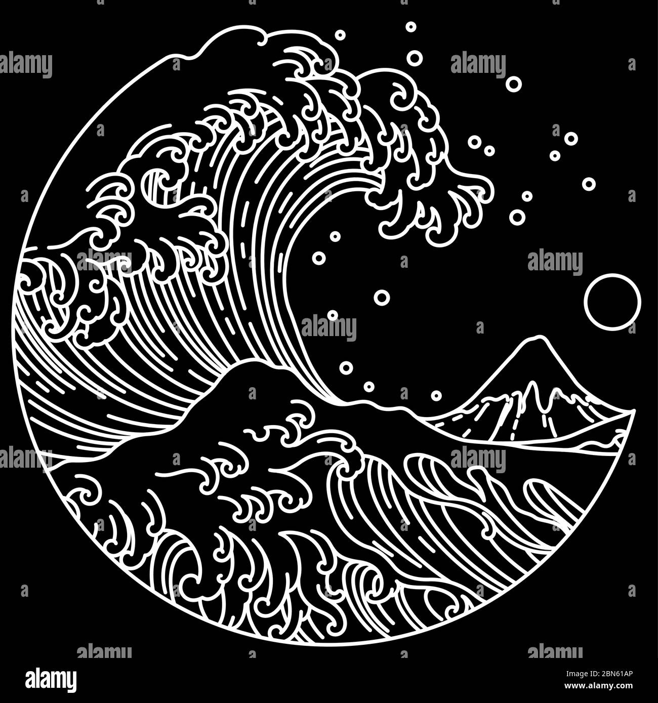 Grafica giapponese a linea d'onda grande in forma rotonda. Isolato su sfondo nero. Ictus.Ocean modificabile di Kanagawa. Illustrazione Vettoriale