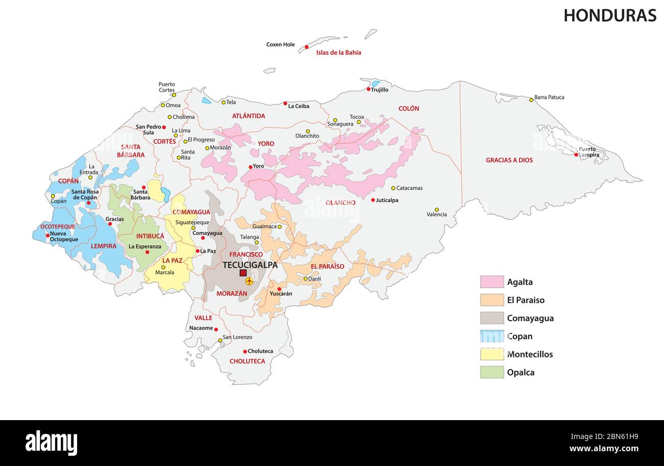 Mappa delle regioni di coltivazione del caffè dell'Honduras Illustrazione Vettoriale