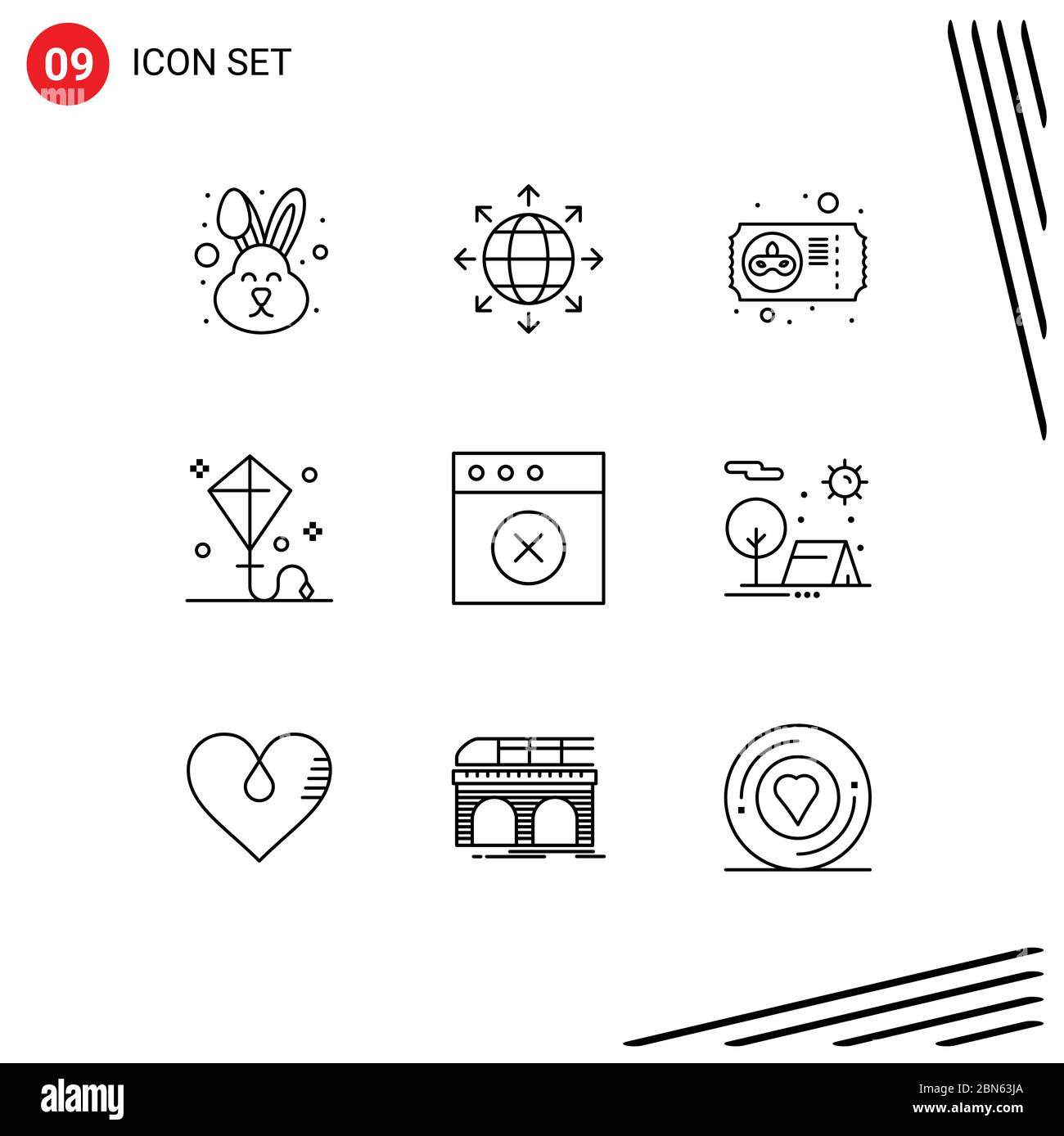 9 Tematic Vector Outlines e simboli editabili di app, estate, carnevale, aquilone, elementi di Happy Editable Vector Design Illustrazione Vettoriale