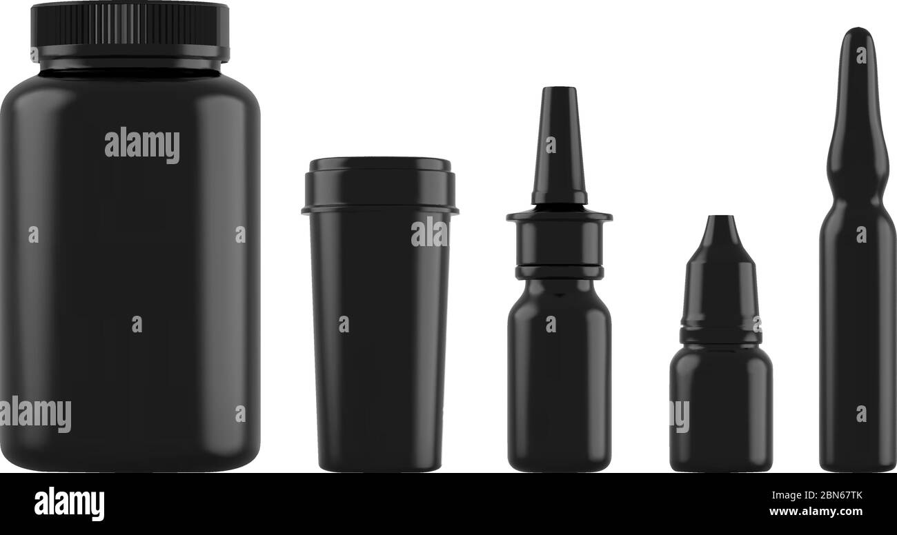 Flaconi neri realistici per farmaci, compresse, gocce e spray, ecc. contenitori medicali in bianco 3d plastici isolati su sfondo bianco. Vettore Illustrazione Vettoriale